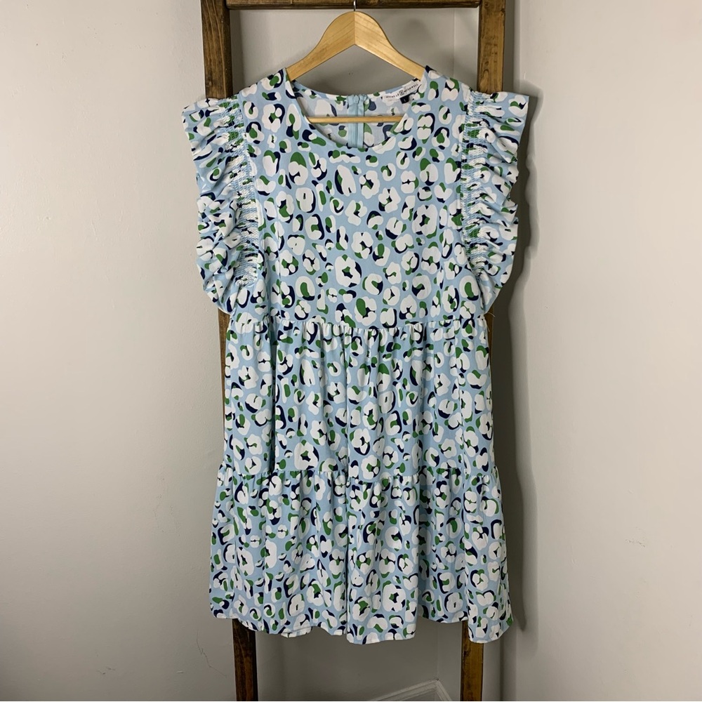 Michelle McDowell Blue and Green Leopard Print Dress L